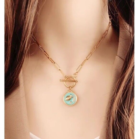 Zodiac Pendant Necklace Waterproof Gold Toggle Clasp Turquoise pendant Necklace - Picture 6 of 16
